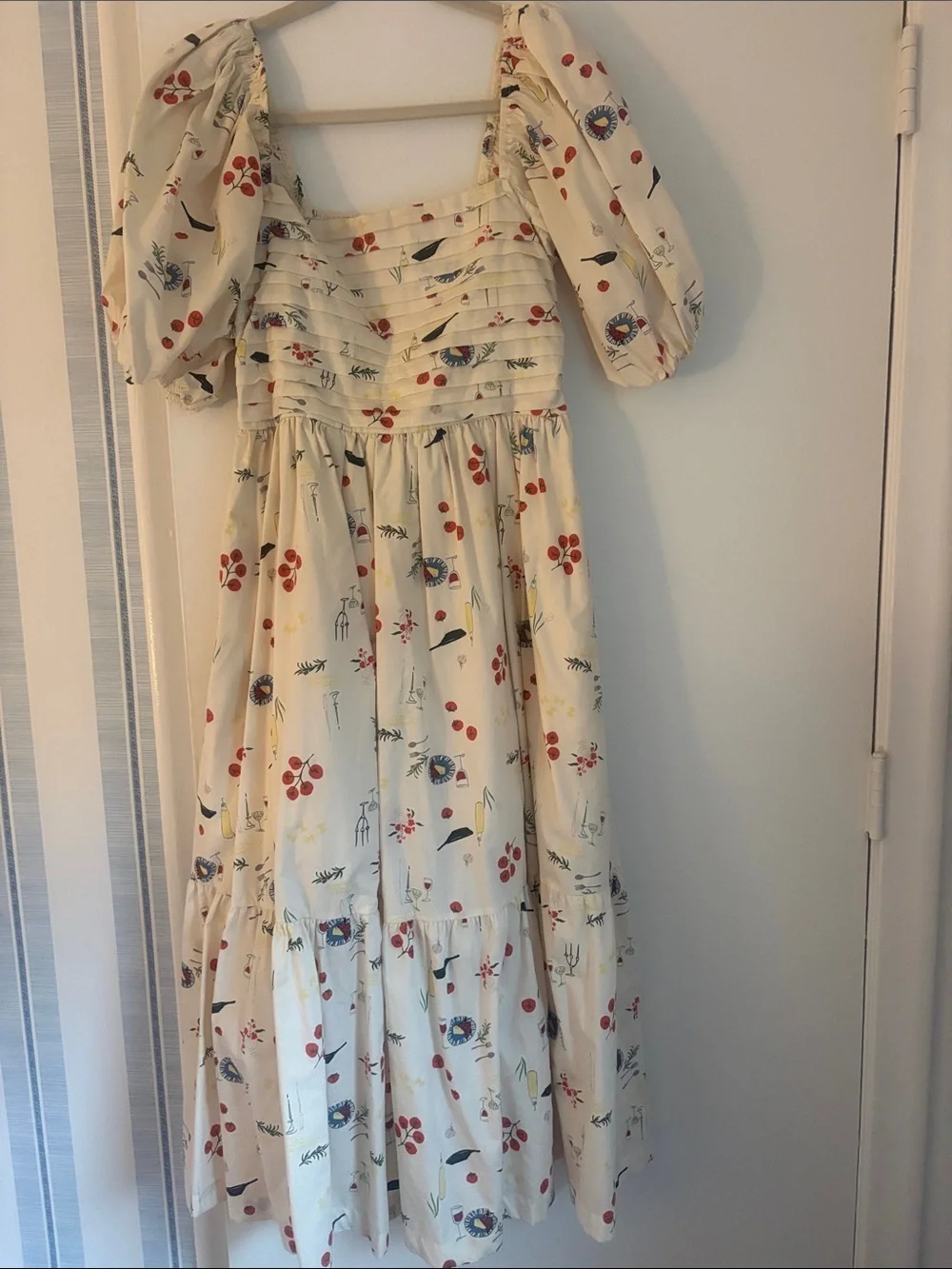 Abercrombie Ivory Puff-Sleeve Midi Dress with Detailing